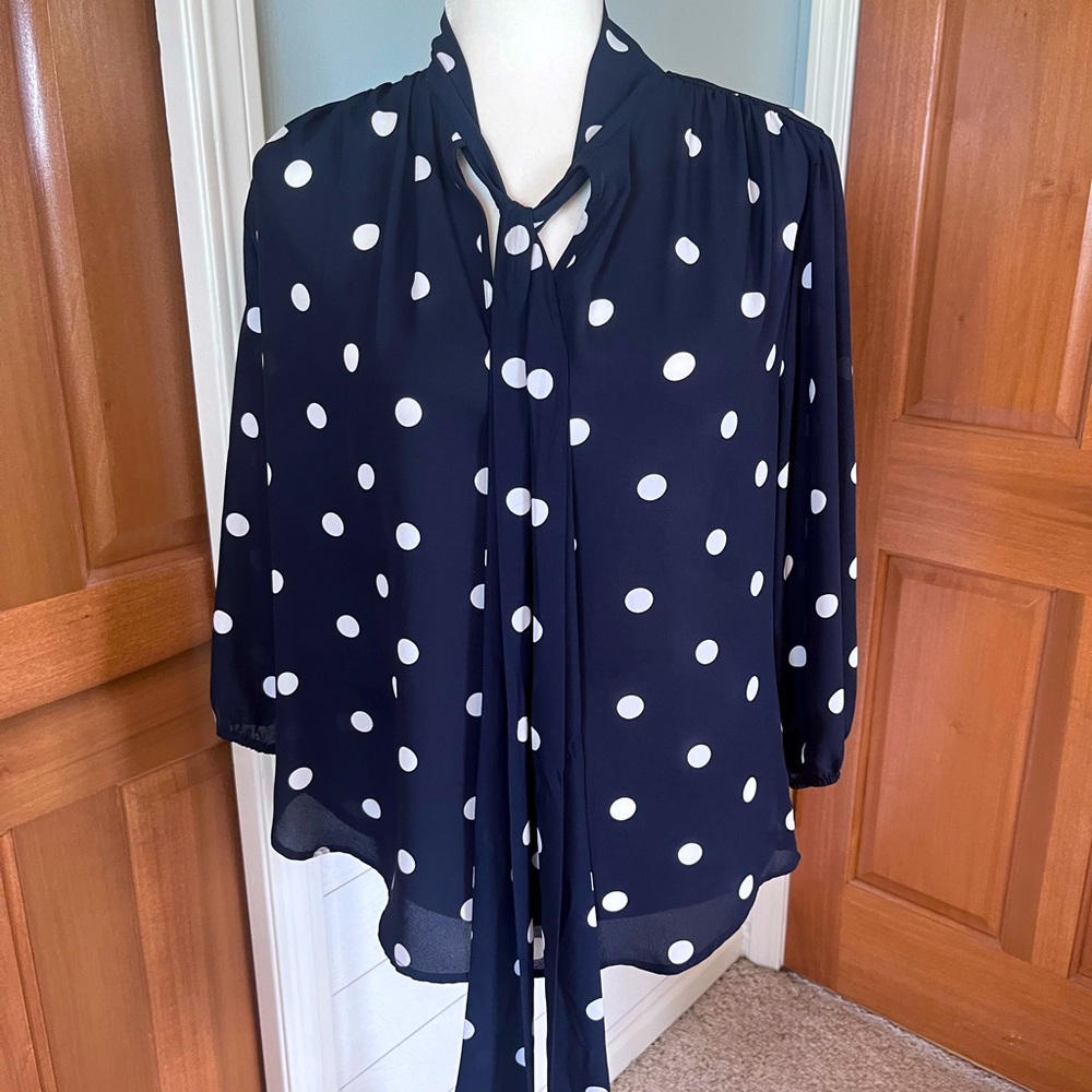 NY & Co Polka Dot Tie Blouse - Navy - M